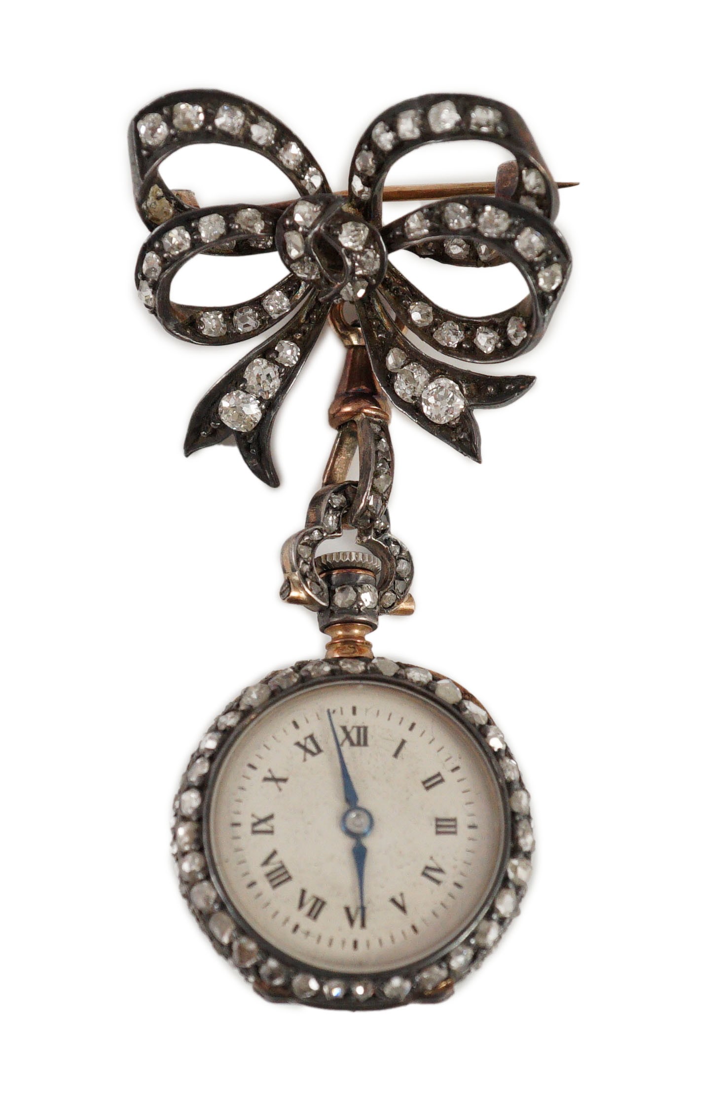 A late 19th century/early 20th century French 18ct gold and rose cut diamond encrusted fob lapel watch, on a rose cut diamond set ribbon bow suspension brooch